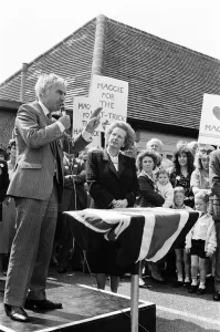 Prime Minister Margaret Thatcher campaigning in Ealing with Harry Greenway. 30th May 1987