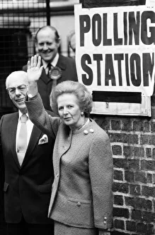 Prime Minister Margaret Thatcher campaigning in Harrogate with her husband Denis