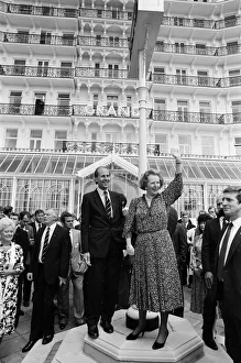 Prime Minister Margaret Thatcher and Conservative Chairman Norman Tebbit return to