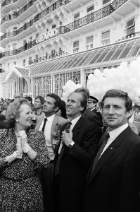 01389 Prints: Prime Minister Margaret Thatcher and Conservative Chairman Norman Tebbit return to