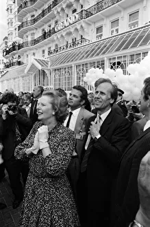 Prime Minister Margaret Thatcher and Conservative Chairman Norman Tebbit return to