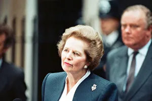 Prime Minister Margaret Thatcher holds a press conference outside 10 Downing Street