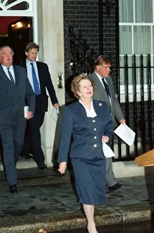 Prime Minister Margaret Thatcher holds a press conference outside 10 Downing Street