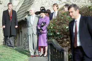 Prime Minister Margaret Thatcher and her husband Denis visit the church near Chequers