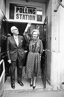 01275 Prints: Prime Minister Margaret Thatcher and husband Dennis seen here leaving the polling station