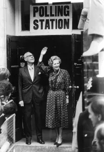Election Prints: Prime Minister Margaret Thatcher and husband Dennis seen here leaving the polling station