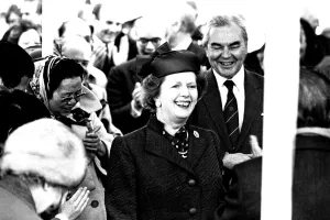 Prime Minister Margaret Thatcher at the launch of the SD14 cargo ship United Effort