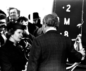 Prime Minister Margaret Thatcher at the launch of the SD14 cargo ship United Effort