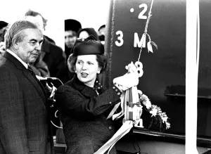 Prime Minister Margaret Thatcher at the launch of the SD14 cargo ship United Effort