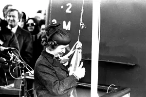 Prime Minister Margaret Thatcher at the launch of the SD14 cargo ship United Effort