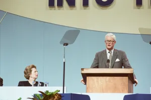 01299 Prints: Prime Minister Margaret Thatcher listens to Douglas Hurd at the Conservative Party