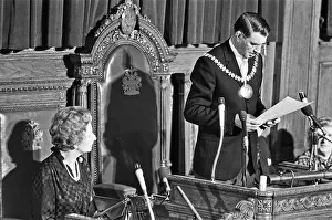 Speech Prints: Prime Minister Margaret Thatcher looks on as the returning officer for the constituency