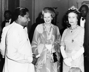 Prime Minister Margaret Thatcher meets the Queen at party given by Her Majesty for