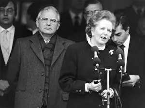 Prime Minister Margaret Thatcher meets Soviet leader President Mikhail Gorbachev at RAF