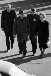 Prime Minister Margaret Thatcher meets Soviet leader President Mikhail Gorbachev at RAF