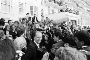 Prime Minister Margaret Thatcher (not pictured) and Conservative Chairman Norman Tebbit