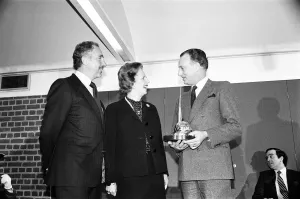 Prime Minister Margaret Thatcher presents the National Vala Award of