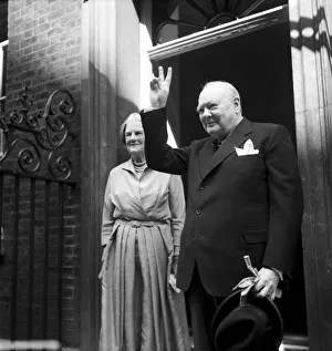 V Sign Prints: Prime Minister Winston Churchill gives the Victory sign on the steps of 10 Downing Street