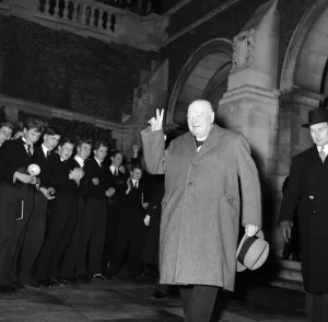 Prime Minister Winston Churchill pictured at Harrow School. November 1953