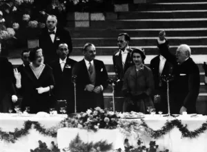 00364 Prints: Prime Minister Winston Churchill proposes three cheers for the new Queen at a banquet