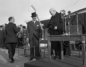 Former Prime Minister Winston Churchill speaking after planting an oak tree to inaugurate