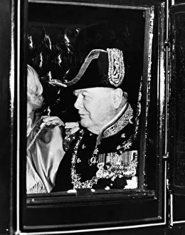 Coronation Prints: Prime Minister Winston Churchill with his wife in their coach during the Ministers