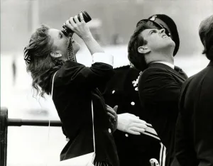 Binoculars Prints: Prince Andrew and fiancee Sarah Ferguson on the Isle of Wight Looking up with