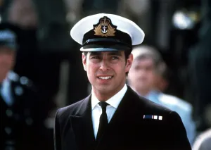 Prince Andrew in naval uniform returns from falklands 1982 at Portsmouth docks