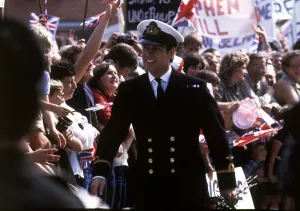 Prince Andrew returns from Falklands at Portsmouth after HMS Invincible docks 1982