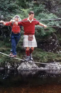 00185 Prints: Prince Charles August 1987 walking tightrope at Glen Coe and River Nevis Scotland