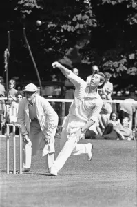 Prince Charles bowling during a charity cricket match at Brands Hatch Cricket Club in