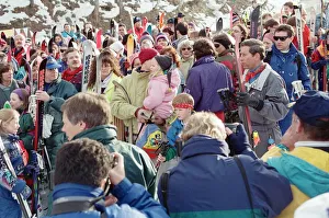 Queue Prints: Prince Charles at the foot of a Swiss ski lift above Klosters with sons William, 11