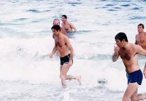 Prince Charles and Lesley Meadmore in Australia Swimming at Cottesloe Beach in