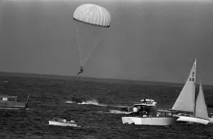01503 Prints: Prince Charles makes a parachute jump off the Dorset coast during his training as an RAF