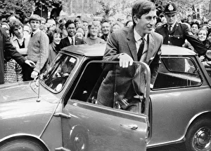 00515 Prints: Prince Charles and Mini car arriving at Trinity College in 1967
