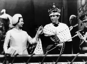Prince Charles with his mother Queen Elizabeth II at his Investiture at Caernarfon Castle