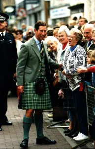 Prince Charles Prince of Wales Dingwall for Mod wearing green kilt jacket waistcoat