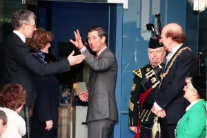Prince Charles Prince of Wales January 1998 arrives at the Piping Centre Glasgow Waving