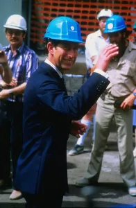 00185 Prints: Prince Charles Prince of Wales November 1988 wearing a hard hat on a building site