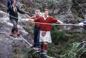 Kilts Prints: Prince Charles walking tightrope at Glen Coe and River Nevis, Scotland, August 1987