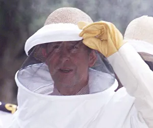 Prince Charles wearing a bee protection suit in March 1999, during his visit of Argentina