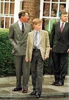 Images Dated 2nd September 1998: Prince Harry arrives for his first day at Eton school with his father Prince Charles to