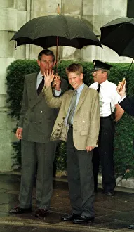 Prince Harry arrives for his first day at Eton school with his father Prince Charles to