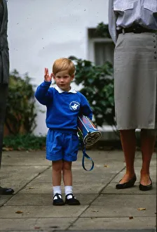 Prince Harry September 1987 waving to the camera on his first day at school blue
