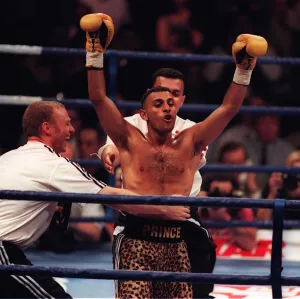 Prince Naseem Hamed celebrates winning fight July 1997 Juan Cabrera was given a standing