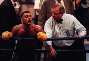 Prince Naseem Hamed slaughters Juan Cabrera at Wembely Arena on saturday 19th july 1997