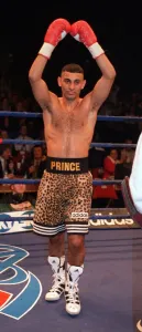 Prince Naseem Hamed after his victory over Billy Hardy in Manchester to retain his WBO