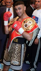 Prince Naseem Hamed wearing his Lonsdale belt after successfully defending his WBO