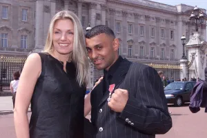 Prince Naseem Hamed with wife Eleasha May 1999 outside Buckingham Palace after