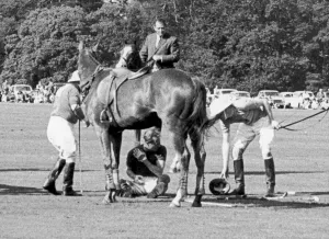 Injury Prints: Prince Philip crouches beneath his Horse Lightening after he colided with three others